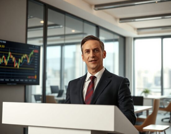 Bitwise CIO Matt Hougan speaking at a podium with digital crypto charts in background