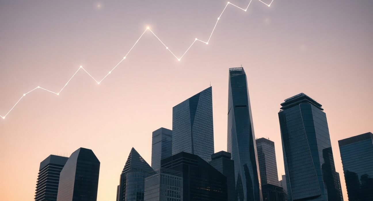 Financial district skyline with digital chart overlays symbolizing crypto market growth