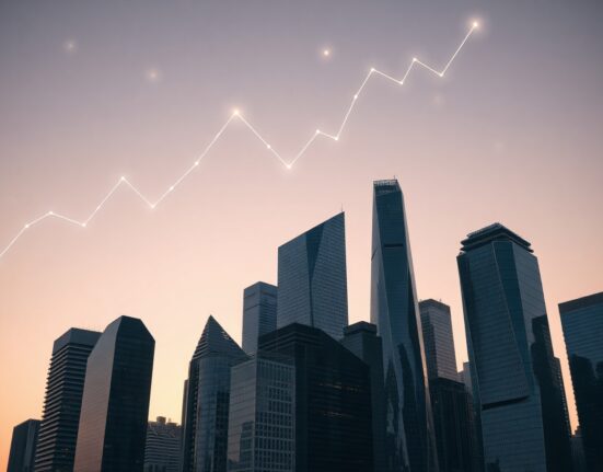 Financial district skyline with digital chart overlays symbolizing crypto market growth