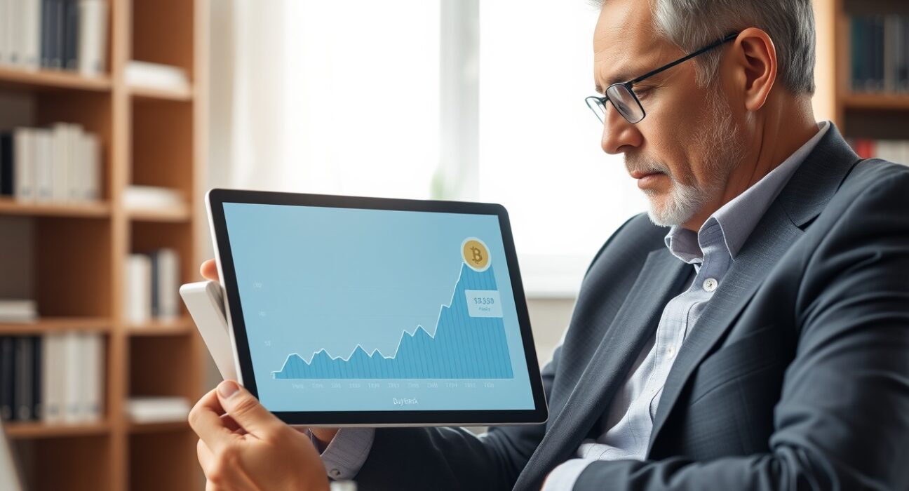 Financial advisor reviewing Hyperliquid token buyback data on a tablet in a modern office