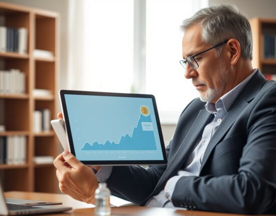 Financial advisor reviewing Hyperliquid token buyback data on a tablet in a modern office