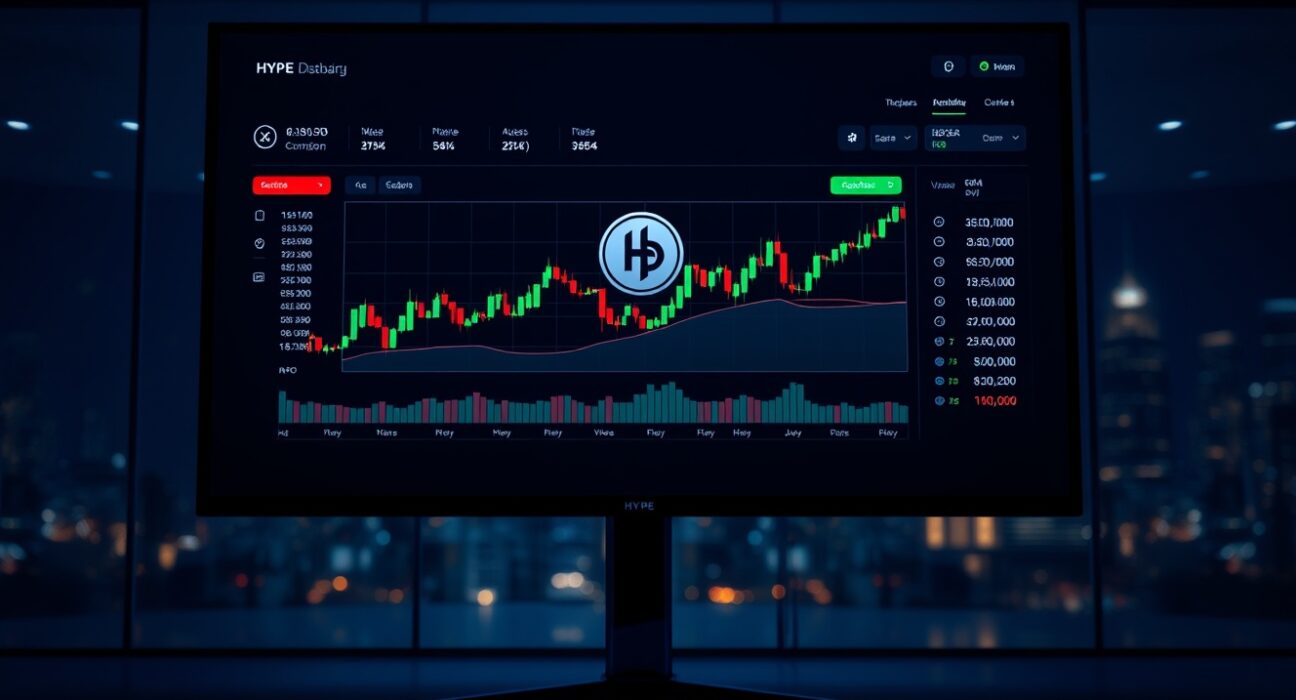 A financial trading dashboard displaying HYPE token price charts in a modern office setting.