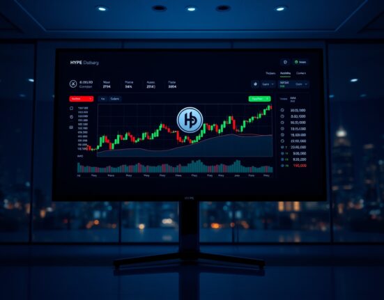A financial trading dashboard displaying HYPE token price charts in a modern office setting.
