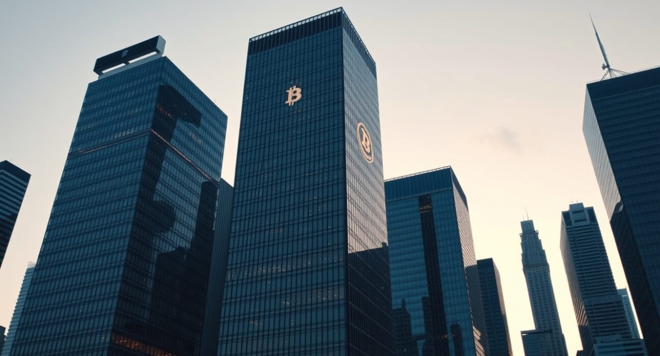 Bitcoin symbol on a skyscraper in a financial district at dusk, symbolizing institutional investment.