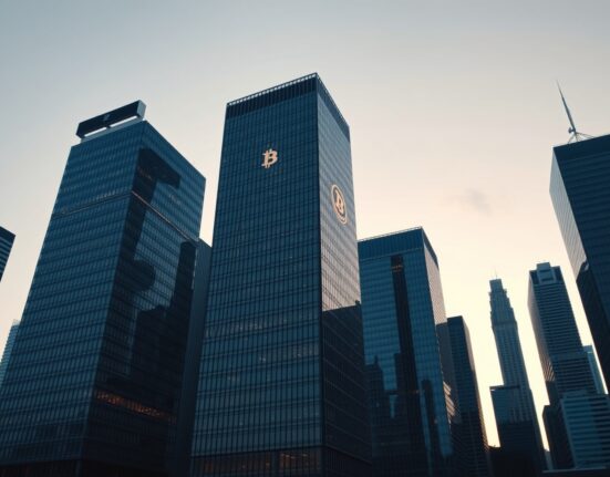 Bitcoin symbol on a skyscraper in a financial district at dusk, symbolizing institutional investment.