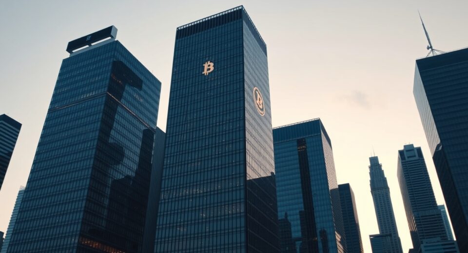 Bitcoin symbol on a skyscraper in a financial district at dusk, symbolizing institutional investment.