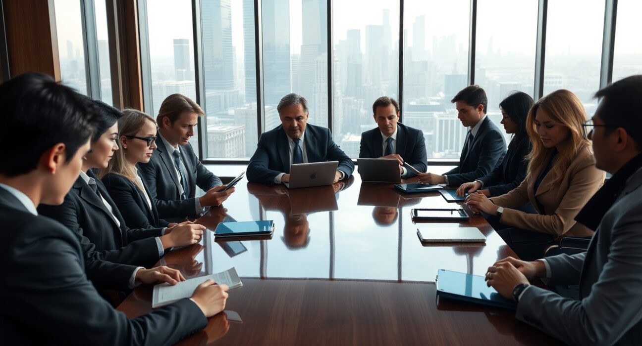 Professionals in a modern boardroom discussing digital assets and blockchain technology