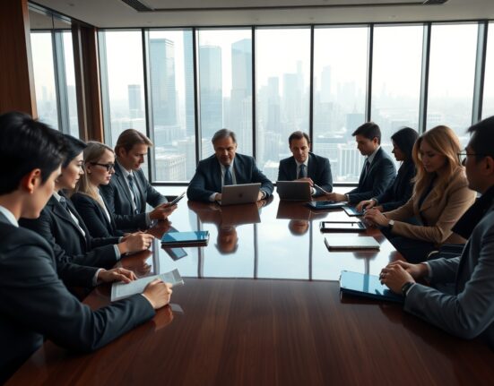Professionals in a modern boardroom discussing digital assets and blockchain technology