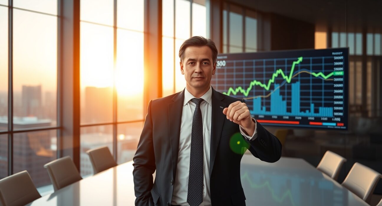 Bitwise CIO Matt Hougan in a boardroom pointing to a Bitcoin price chart on a digital screen.
