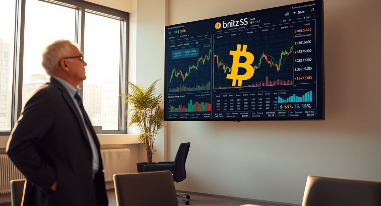 Financial analyst reviewing Bitcoin price charts and MicroStrategy financial data on a digital screen in a modern office