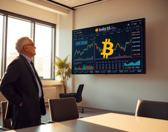 Financial analyst reviewing Bitcoin price charts and MicroStrategy financial data on a digital screen in a modern office