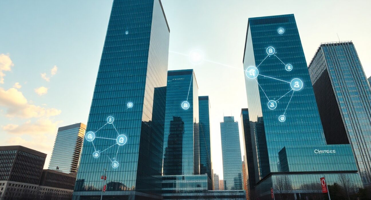Financial district skyline with digital blockchain network overlay representing crypto market growth