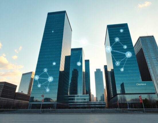 Financial district skyline with digital blockchain network overlay representing crypto market growth