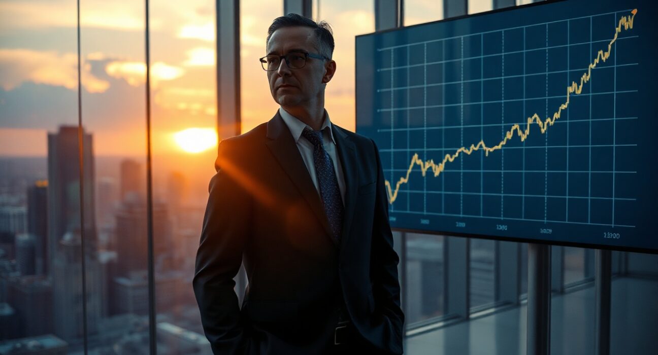 Bitwise CIO Matt Hougan in an office with a Bitcoin chart showing a gradual upward trend.