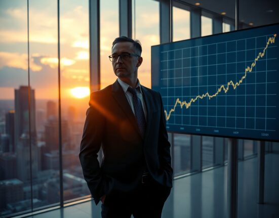 Bitwise CIO Matt Hougan in an office with a Bitcoin chart showing a gradual upward trend.