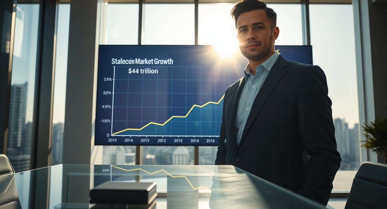 Bitwise CIO Matt Hougan in an office with a digital display showing a stablecoin market growth projection to $4 trillion