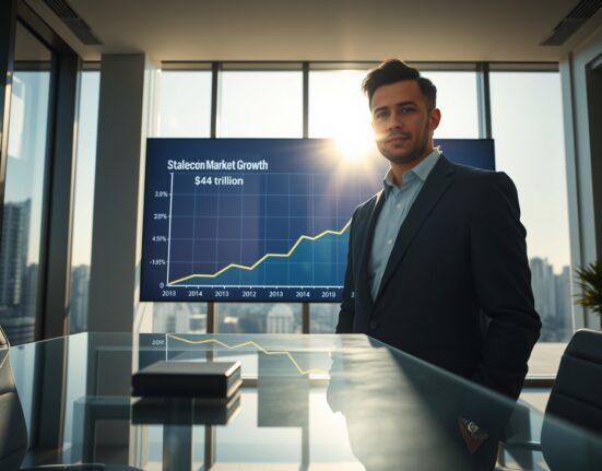 Bitwise CIO Matt Hougan in an office with a digital display showing a stablecoin market growth projection to $4 trillion