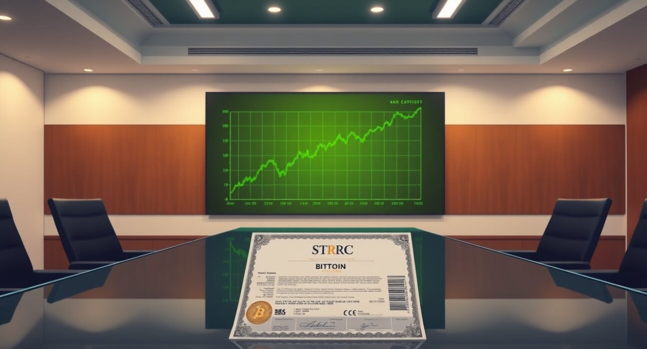 Bitwise CIO Matt Hougan identifies STRC stock as a key driver of the Bitcoin rally, showing a boardroom with a BTC price chart and STRC certificate.