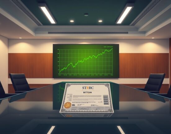 Bitwise CIO Matt Hougan identifies STRC stock as a key driver of the Bitcoin rally, showing a boardroom with a BTC price chart and STRC certificate.