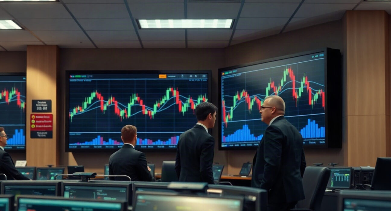 Financial professionals observing digital asset charts on large screens in a modern trading floor.