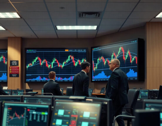 Financial professionals observing digital asset charts on large screens in a modern trading floor.