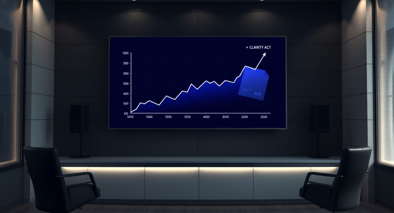 Digital display showing a crypto price chart with a document overlay labeled CLARITY Act in a dimly lit office.