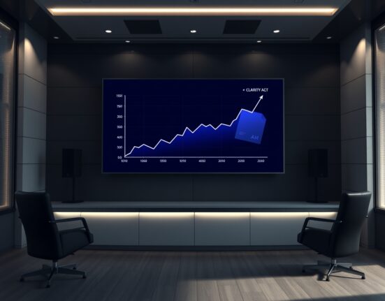 Digital display showing a crypto price chart with a document overlay labeled CLARITY Act in a dimly lit office.