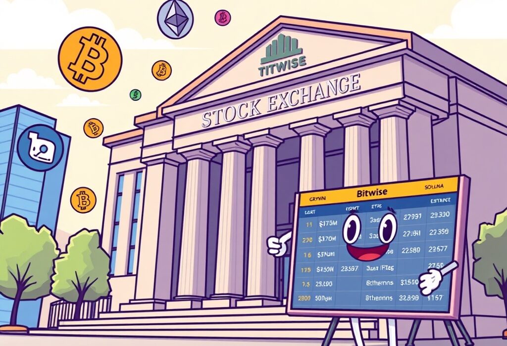 Cartoon illustration showing Bitwise's strategic launch of new Crypto ETPs on a Swiss stock exchange, symbolizing regulated digital asset investment.