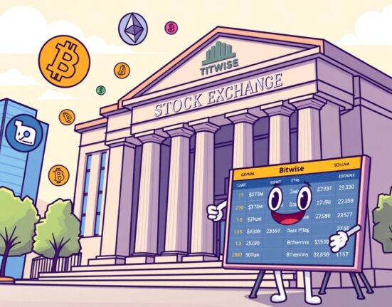 Cartoon illustration showing Bitwise's strategic launch of new Crypto ETPs on a Swiss stock exchange, symbolizing regulated digital asset investment.
