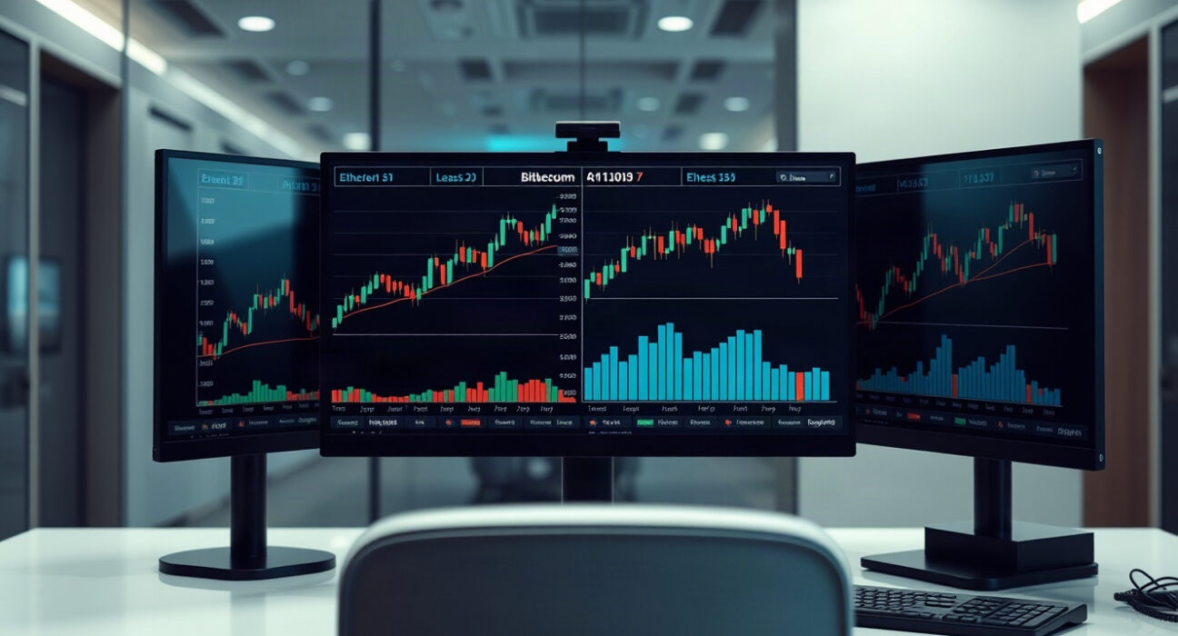 Bitwise crypto fund trading desk with futures and spot charts