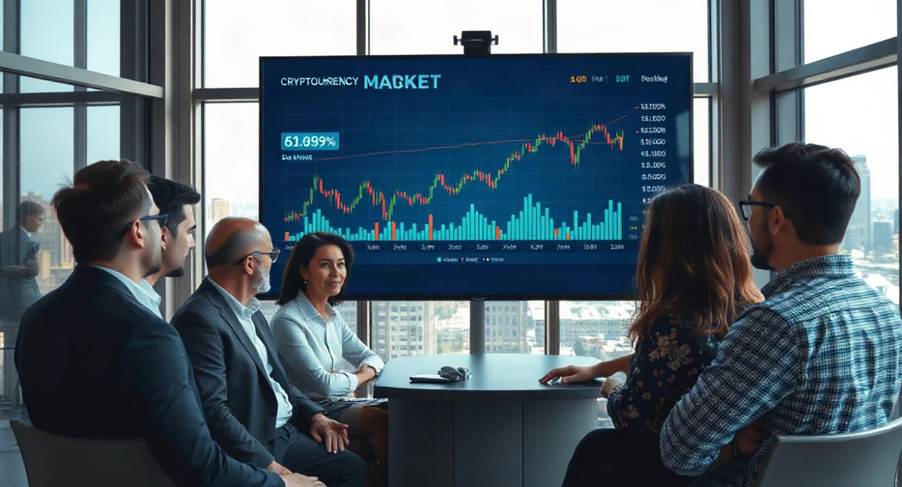 Investors reviewing cryptocurrency growth charts in a modern office