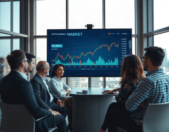 Investors reviewing cryptocurrency growth charts in a modern office