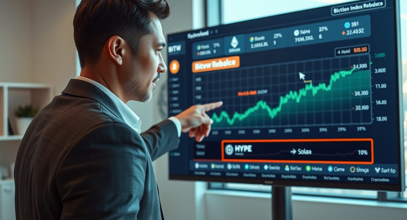 Financial analyst reviewing Bitwise crypto index ETF rebalancing on a digital screen showing HYPE and XLM additions.