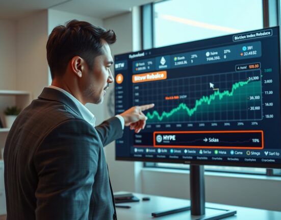 Financial analyst reviewing Bitwise crypto index ETF rebalancing on a digital screen showing HYPE and XLM additions.