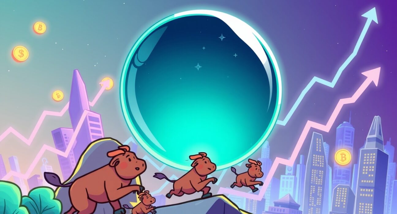 A vibrant cartoon illustration visualizing optimistic crypto predictions for 2026 with a crystal ball and rising graphs.