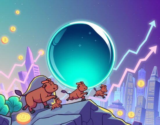 A vibrant cartoon illustration visualizing optimistic crypto predictions for 2026 with a crystal ball and rising graphs.