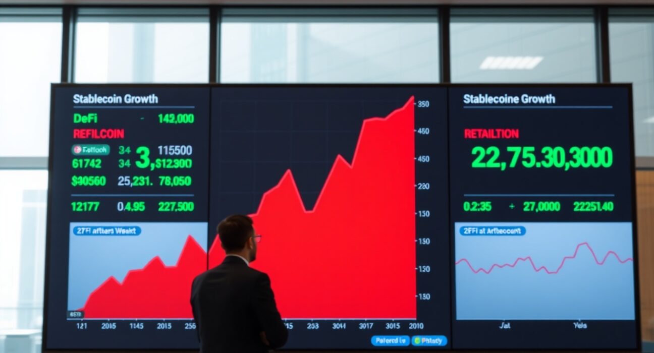 Digital display showing crypto market downturn graph over three quarters in a newsroom setting