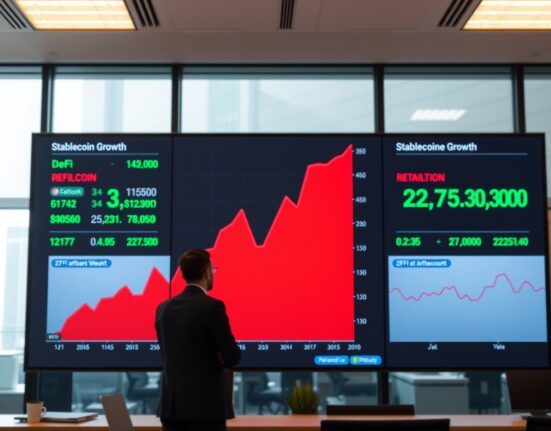 Digital display showing crypto market downturn graph over three quarters in a newsroom setting