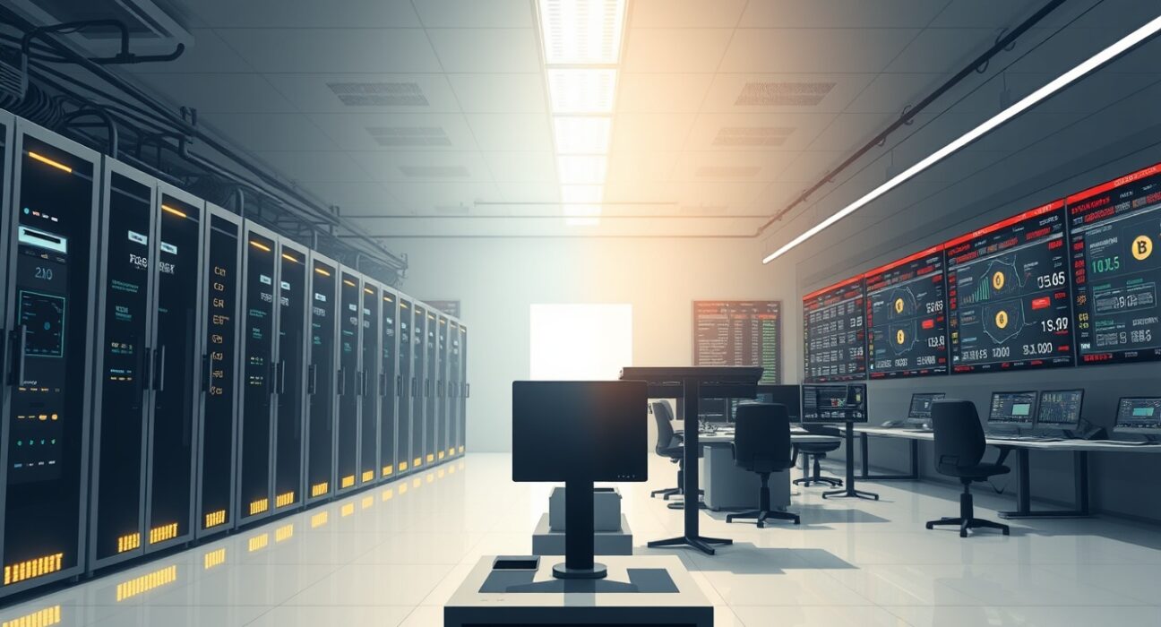Split scene showing early AI server room from 2015 transitioning to a modern crypto trading floor