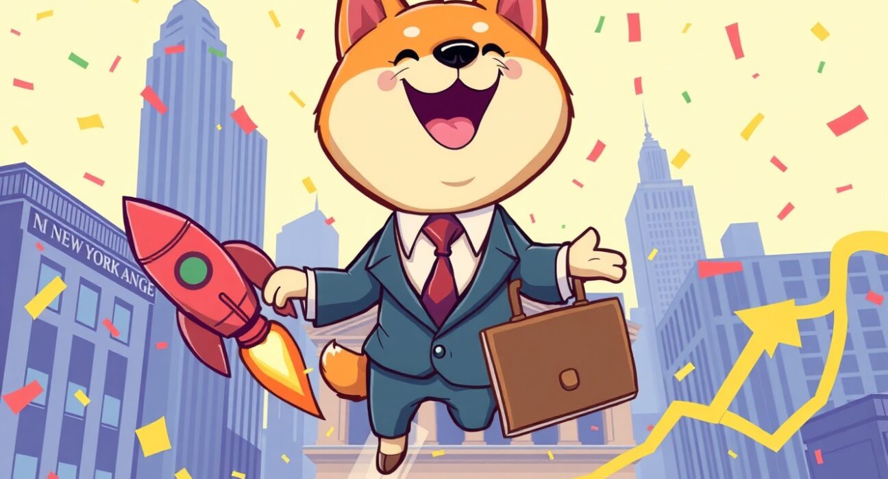 Bitwise DOGE ETF celebration with Shiba Inu mascot and NYSE building showing successful cryptocurrency investment opportunity