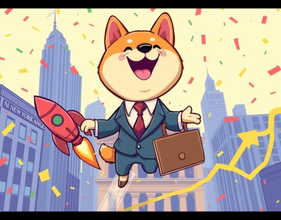 Bitwise DOGE ETF celebration with Shiba Inu mascot and NYSE building showing successful cryptocurrency investment opportunity