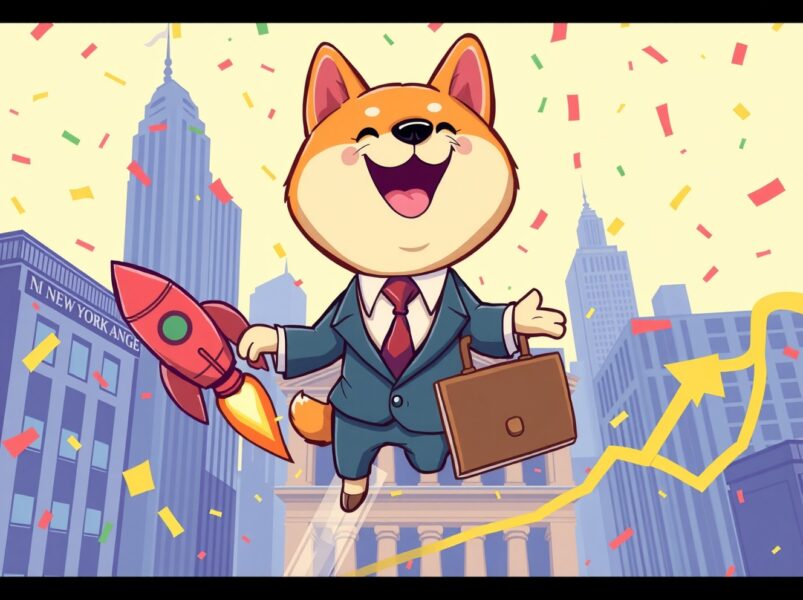 Bitwise DOGE ETF celebration with Shiba Inu mascot and NYSE building showing successful cryptocurrency investment opportunity