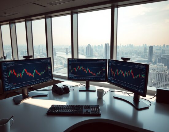 Bitcoin price charts displayed on monitors at a trading desk in a Seoul high-rise office.