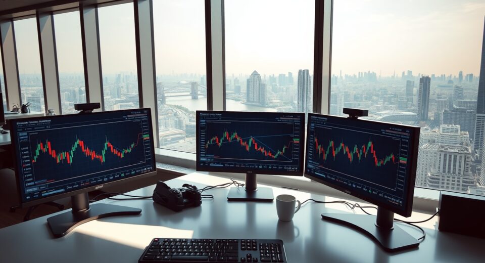 Bitcoin price charts displayed on monitors at a trading desk in a Seoul high-rise office.