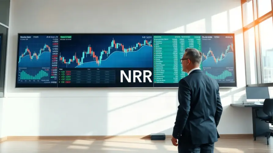 Trading screen showing NRR ticker and market data inside a modern investment office