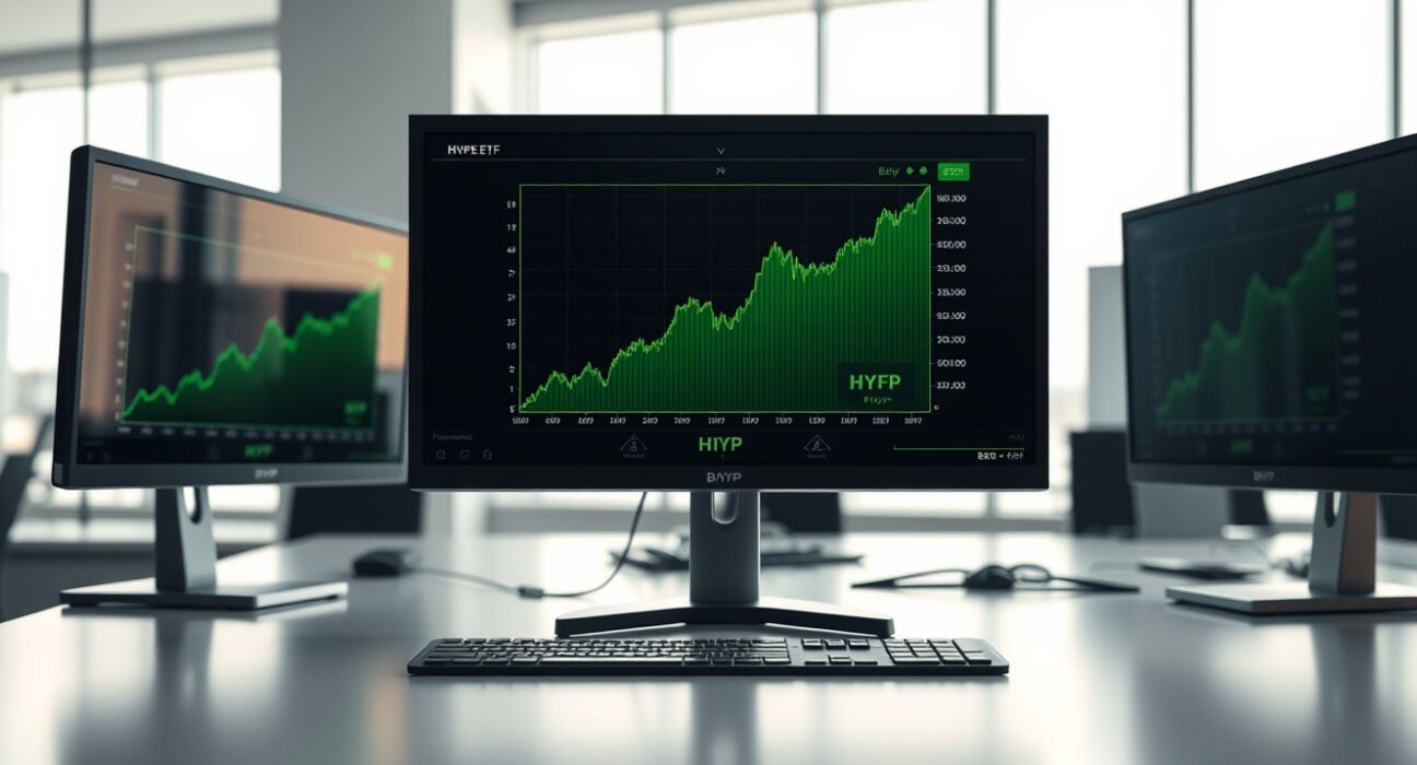 Financial trading monitors showing BHYP ETF growth chart in a modern office setting