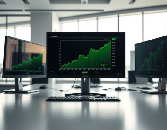 Financial trading monitors showing BHYP ETF growth chart in a modern office setting