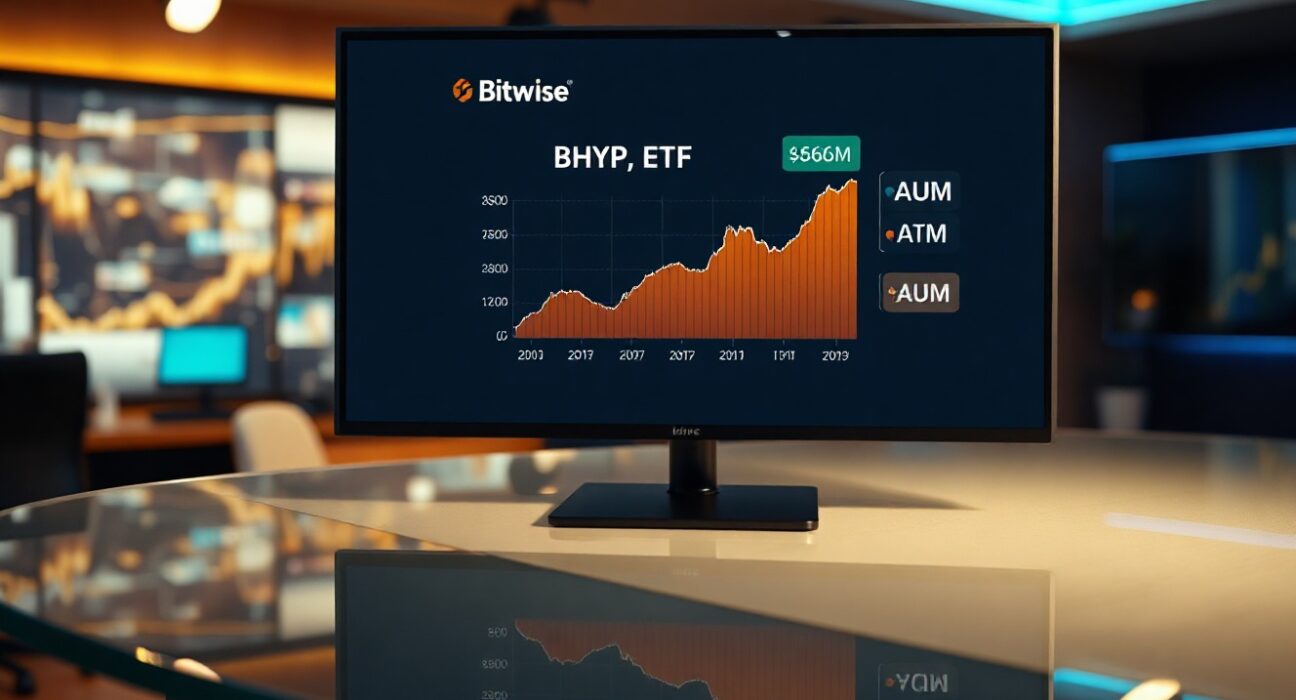 Financial newsroom monitor displaying Bitwise HYPE ETF AUM chart at $62.9 million