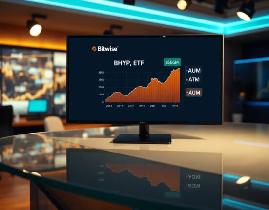 Financial newsroom monitor displaying Bitwise HYPE ETF AUM chart at $62.9 million