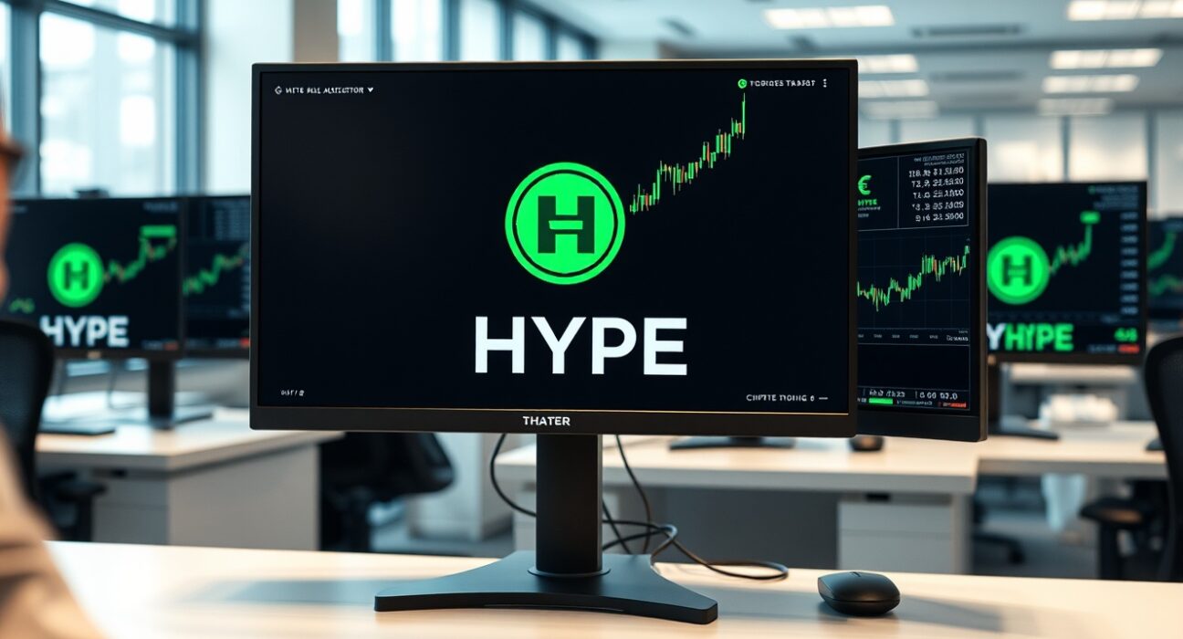 Professional trading desk with monitors showing HYPE cryptocurrency charts and positive market data.